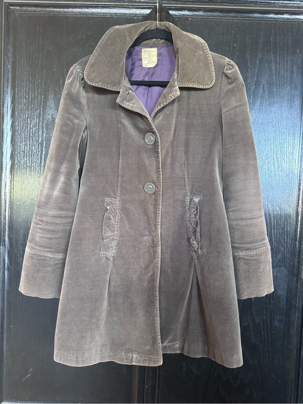 Tulle Brown Velvet Pea Coat with Purple Lining